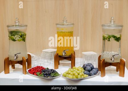 Refreshing beverage station featuring colorful fruit and tasty drinks at a lively event Stock Photo
