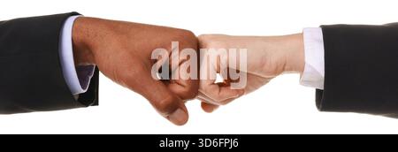 African American man bumping fists with his business partner on white background, closeup Stock Photo