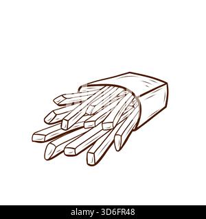 French fries spilling from a package lying on its side. Vector illustration in a line art style. Black and brown lines, a simple, uncolored image Stock Vector