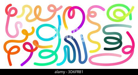 Vibrant gradient lines twist into rainbow swirls forming lively abstract ribbons. Dynamic curves and organic waves create playful 3D flow perfect for Stock Vector