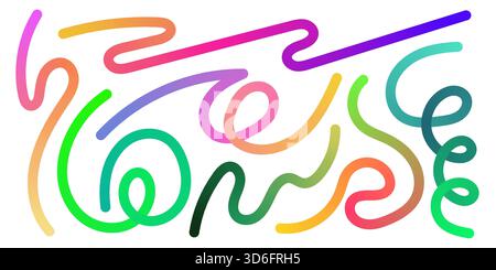 Bold gradient waves twist with playful squiggles and rainbow ribbons. Fluid curves and bright splashes create a lively abstract mood perfect for party Stock Vector