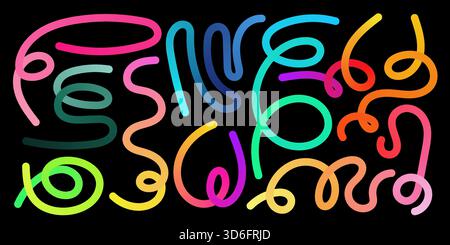 Neon rainbow doodles and gradient ribbons create bold abstract waves. Dynamic lines and bright brushstroke curves form lively pattern perfect for post Stock Vector