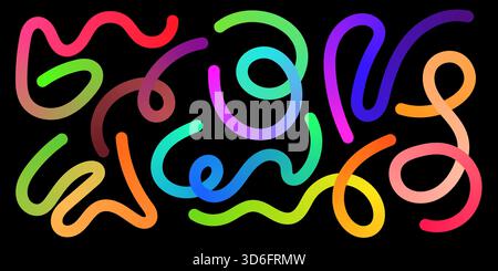 Rainbow gradient waves twist with doodle ribbons and squiggly curves. Bright organic shapes form a lively abstract pattern perfect for trendy posters, Stock Vector