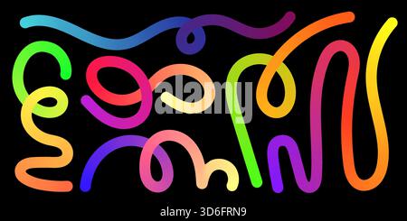 Wavy neon lines and rainbow squiggles form dynamic gradient ribbons. Fluid curves and playful doodle shapes create a bright abstract flow ideal for mo Stock Vector