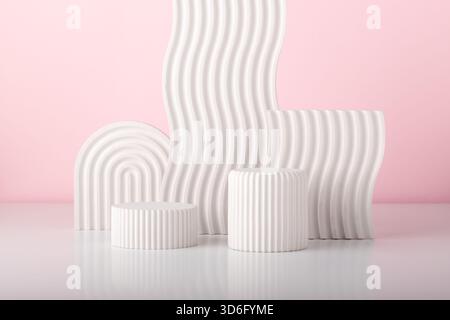 White concrete advertising stands. Gypsum podium for the presentation of cosmetic products. Minimal mock up. Stock Photo