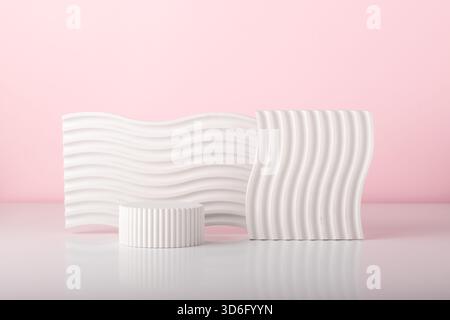 White concrete advertising stands. Gypsum podium for the presentation of cosmetic products. Minimal mock up. Stock Photo