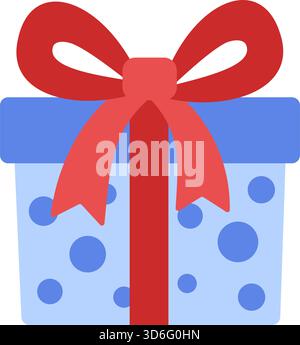 Gift light blue box with dark blue polka dots, tied with red bow. Colorful flat style vector illustration. Ideal for birthday, holiday, sticker, Christmas celebration graphics, festive design elements Stock Vector
