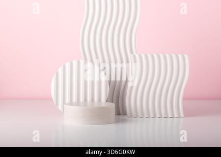 White concrete advertising stands. Gypsum podium for the presentation of cosmetic products. Minimal mock up. Stock Photo