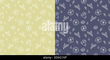 Two Floral Line Art Vector Seamless Patterns Stock Vector