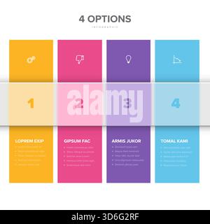 A modern infographic showcases 4 colorful options for presenting information, with numbered steps, icons, and detailed text. This infographic template Stock Vector