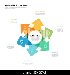 Abstract, colorful infographic template features a central circular puzzle design with arrows on white background. Infographic template is perfect for Stock Vector