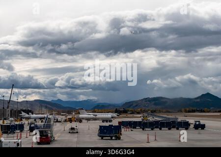 Dramatic clouds over ground operations at the Jackson Hole Airport in Jackson, Wyoming JAC Stock Photo