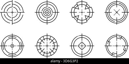 Minimal black outline target icons. Set of clean crosshair aim and focus symbols. Simple vector illustration for drawing aim military sight concepts. Stock Vector