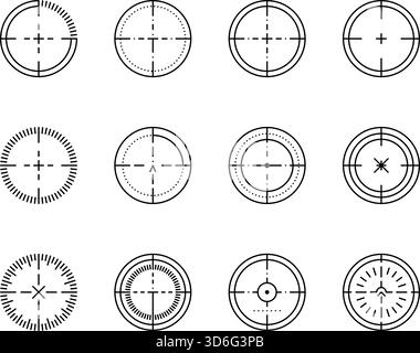 Minimal black outline target icons. Set of clean crosshair aim and focus symbols. Simple vector illustration for drawing aim military sight concepts. Stock Vector