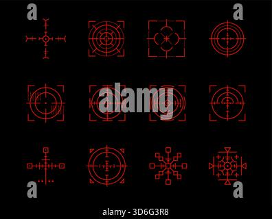 Military red sniper crosshair set. Precise target focus sight military reticle icon. Detailed vector symbols for rifle scope army game and accuracy. I Stock Vector