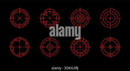 Neon red glowing crosshair vector set. Target aim gun icons with a digital light effect. Shooting reticles laser sights and precisely target symbols f Stock Vector