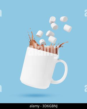 Fresh marshmallows falling into cup with hot cocoa on light blue background Stock Photo
