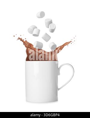 Fresh marshmallows falling into cup with hot cocoa on white background Stock Photo
