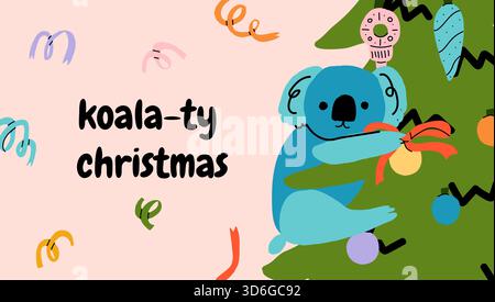 Australian koala sitting on christmas tree decorated with baubles and ribbons. Vector playful xmas holiday illustration for season greetings cards, in Stock Vector