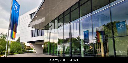 Friedrichshafen, Germany - May 8, 2024. The modern ZF Forum building, the global headquarters of technology company ZF Friedrichshafen AG. ZF Company Stock Photo