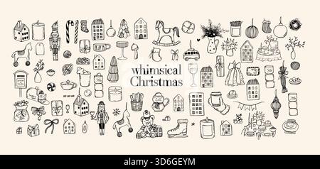 Whimsical trendy doodle elements set of cozy Christmas . Hand drawn coquette vector illustration set Stock Vector