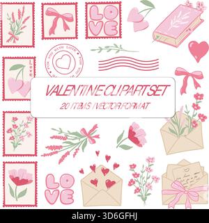 Valentines Day Vector Clipart Set Girly Coquette Pink Postal Stamp Book Flowers Love Letter Envelope. Vector illustration Stock Vector