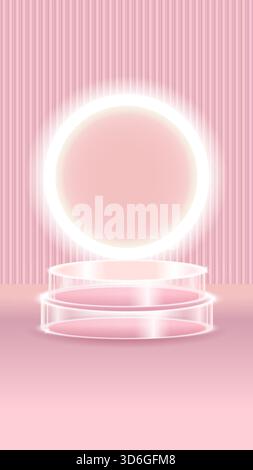 Pink glass transparent scene with round glow vertical stripes on background Stock Vector