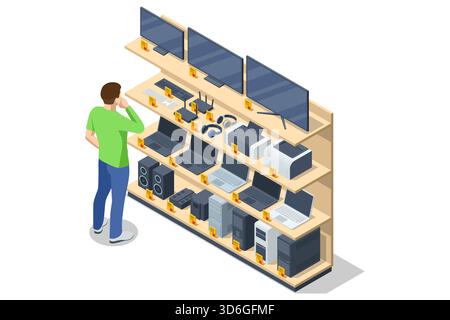 Isometric illustration of an electronics store customer looking at shelves full of laptops, monitors, printers, speakers, routers and various tech Stock Vector