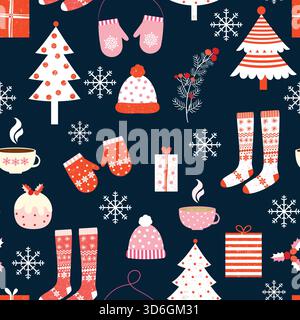 Cute seamless pattern with winter and Christmas clothes, trees and snowflakes on dark blue background Stock Vector