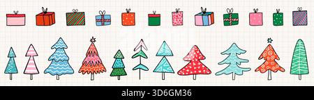 Hand drawn vector Christmas trees and gift boxes, doodle holiday present, graphic elements for package design Stock Vector