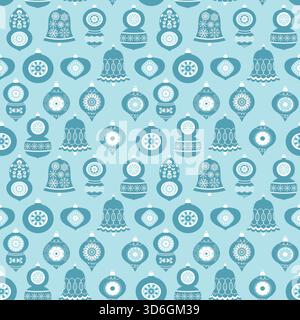 Vector seamless pattern with Christmas ornaments in blue and white colors for greeting cards, wrapping paper, backgrounds and holiday designs Stock Vector