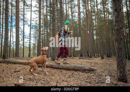 Cheerful woman walking on tree trunk while curious Vizsla dog watching owner in autumn forest Stock Photo