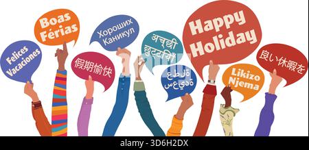 Global Seasonal Holiday Greetings with Diverse Hands Holding Multilingual Speech Bubbles Stock Vector