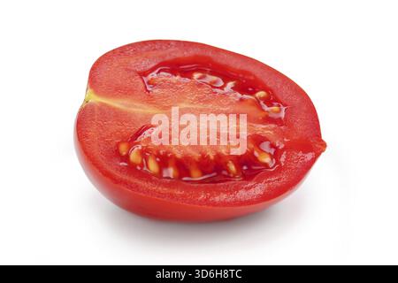 Half of italian San Marzano tomato isolated on white background with natural shadow, studio shot, tomato cut side view Stock Photo