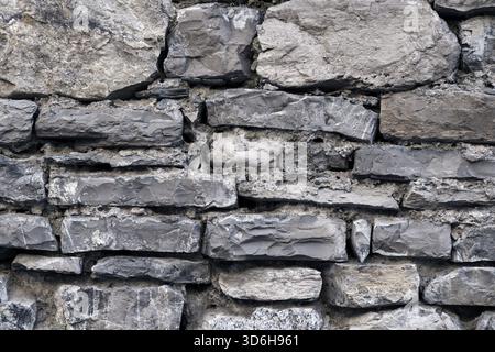 Grey masonry, stonework, brickwork texture. Concrete different gray stone surface with cement. Rock gloomy pattern background. Abstract damaged urban Stock Photo