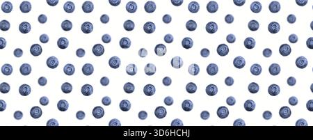 Falling blueberries isolated on white. Seamless berry blackberry pattern. Flying berries. Creative fresh fruit summer layout. Trendy food concept. Agr Stock Photo
