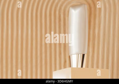 Foundation bottle mockup on geometric podium display, art deco modern natural background. Liquid concealer packaging template mock up. Beauty cream co Stock Photo