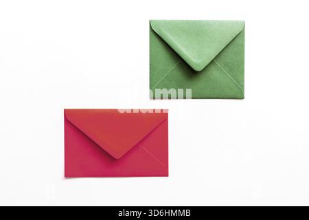 Set of christmas envelopes on white. Banner design, top view, flat lay, copy space Stock Photo