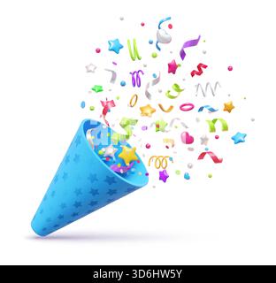 3d birthday party event popper with confetti, ribbons and stars. Firework carnival firecracker. Isolated vector surprise emoji, festive streamer for celebration events, parties or honoring winners Stock Vector