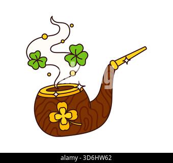 Cartoon St Patrick day groovy leprechaun smoking pipe, adorned with golden clover or shamrock leaves, wisps of enchanted smoke swirl with green shamrocks, weaving holiday tales of treasures and magic Stock Vector