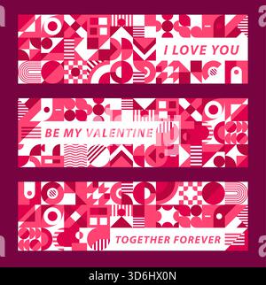 Valentines day banners with geometric patterns and abstract shapes in shades of pink and maroon, with romantic messages like my together forever, i love you, and be my valentine. Festive cards set Stock Vector