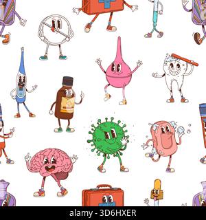 Groovy medicine characters seamless pattern. Vector tile background with cartoon medical and health care items like pill, virus, thermometer, brain and first aid kit, medicine bottle, soap and tooth Stock Vector