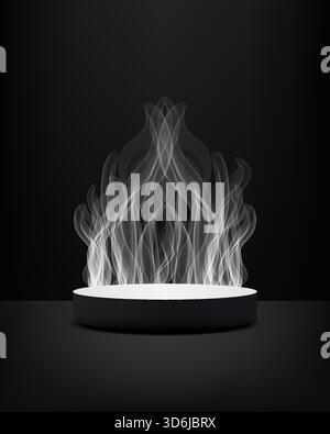sleek black and white product display stage featuring a glowing cylindrical pedestal with soft rising smoke in a dark studio for showcasing products m Stock Vector