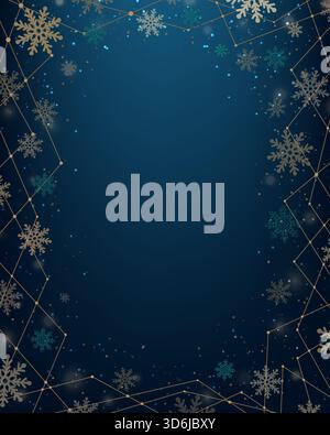 elegant winter christmas background featuring golden and teal snowflakes around a glowing geometric border on dark blue for festive seasonal a luxurio Stock Vector