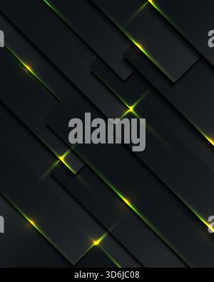 modern abstract dark background created for digital design projects, featuring overlapping matte black rectangles with glowing green and gold accents Stock Vector