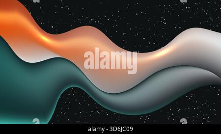 abstract glossy waves in orange and teal sweep across a dark starry sky creating a vibrant cosmic backdrop, fluid motion color harmony and space ambie Stock Vector