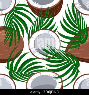 Coconut whole and cut with palm leaves seamless pattern vector illustration Stock Vector
