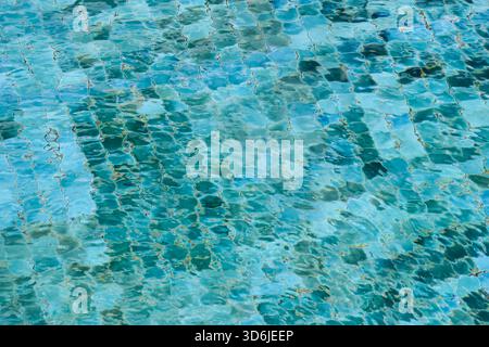 Abstract background of clear blue water in swimming pool. surface has ripple texture, creating distorted tile pattern and evoking serene, calm summer Stock Photo