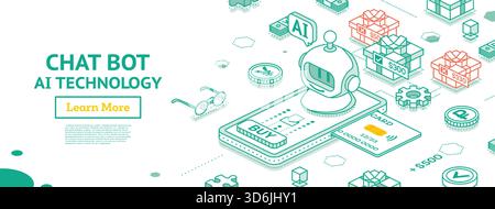 Chatbot and AI technology for mobile banking, online payment and best-price product search. Isometric vector illustration. Stock Vector