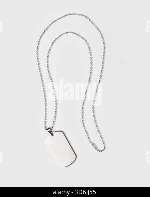 Stainless-steel dog tag necklace featuring a blank identification plate and ball chain, photographed against a clean white background. Stock Photo